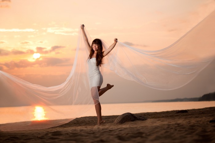 Wedding dress at sunset