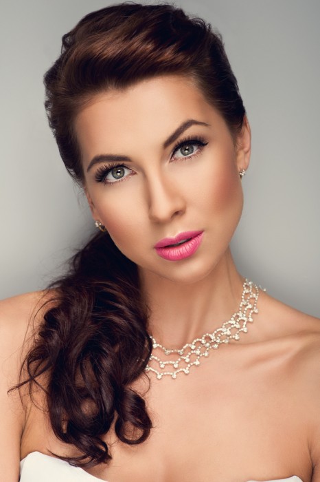 Portrait of young bride in classic white dress