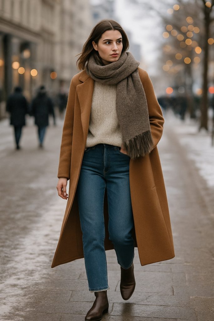 Woman wearing a chic winter outfit with a camel coat, cozy scarf and jeans walking on a winter city street