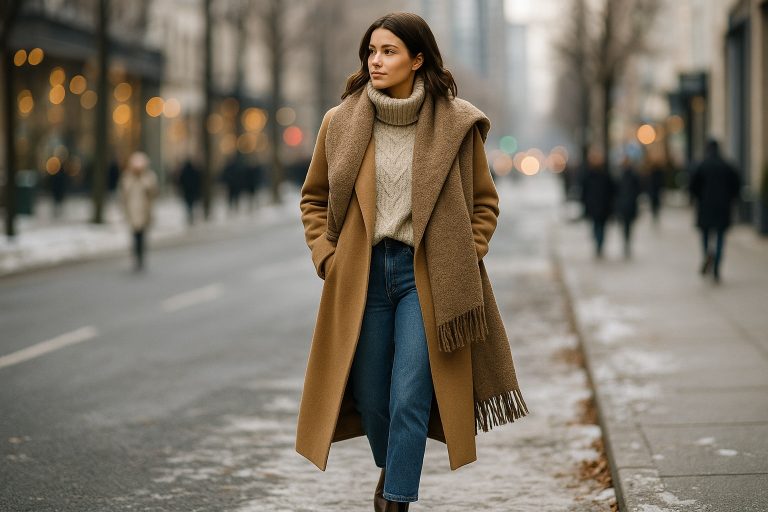 Chic winter outfit idea with a camel coat, cozy turtleneck sweater, scarf and jeans on a city street