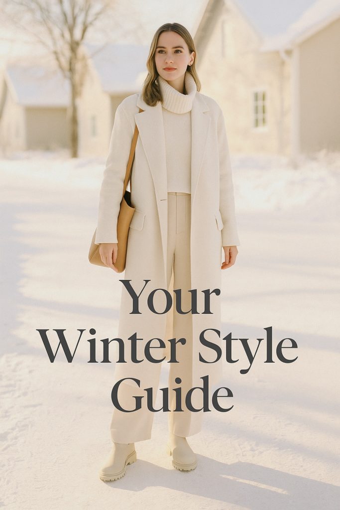 Minimalist winter outfit idea with an off-white coat, ivory turtleneck and beige trousers in a bright snowy setting, with text overlay “Your Winter Style Guide”