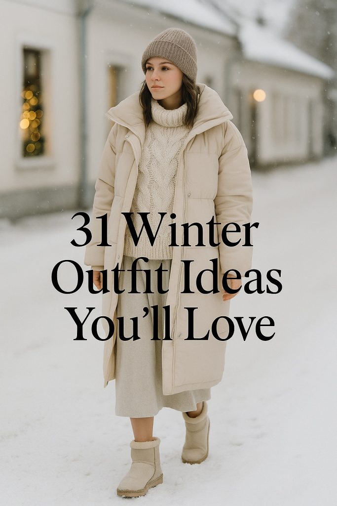 Cozy winter outfit idea with a beige puffer coat, knit sweater and beanie, with text overlay “31 Winter Outfit Ideas You’ll Love” on a snowy street