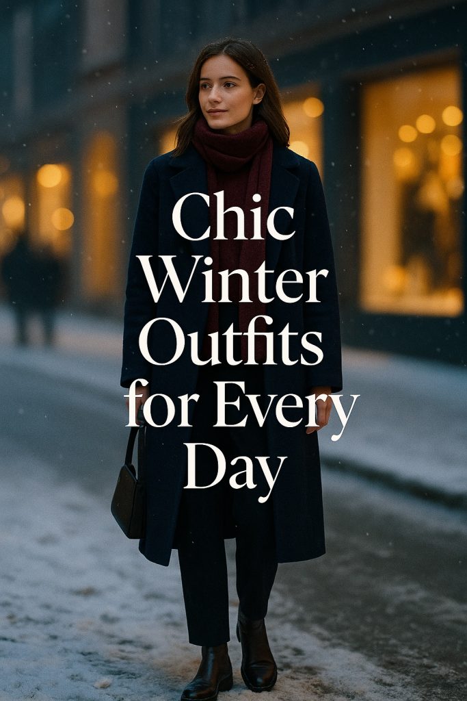 Elegant winter outfit idea with a navy coat, burgundy turtleneck and scarf on a snowy city street, with text overlay “Chic Winter Outfits for Every Day”