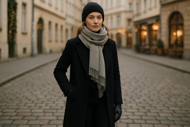 Stylish woman in layered Europe winter outfits walking through a snowy city street