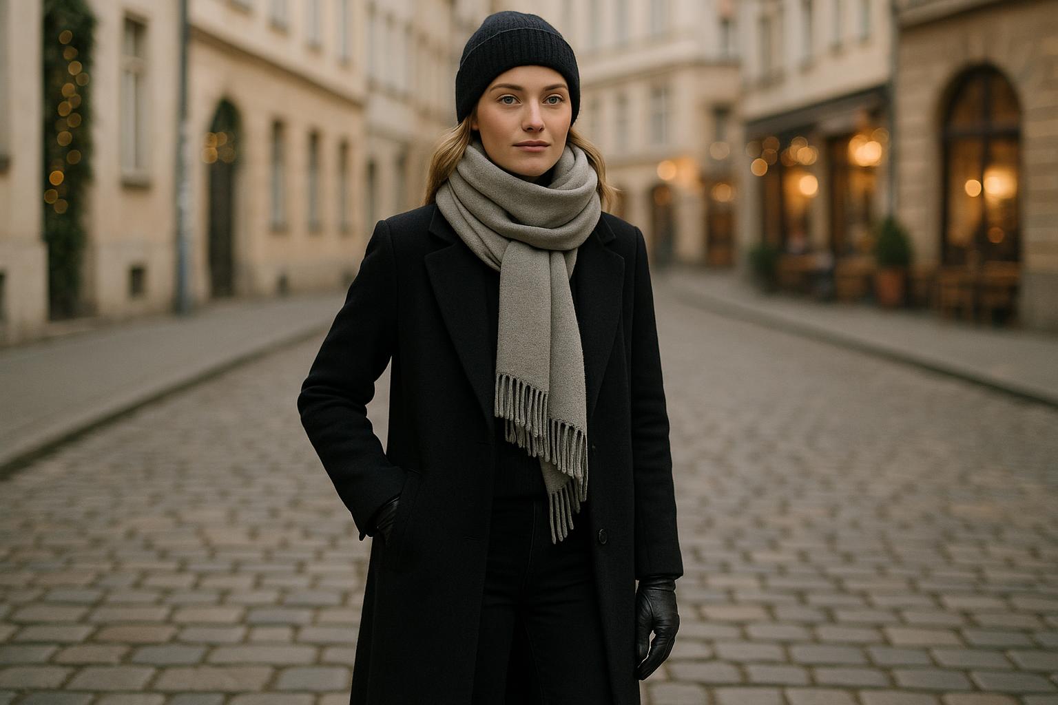 Stylish woman in layered Europe winter outfits walking through a snowy city street
