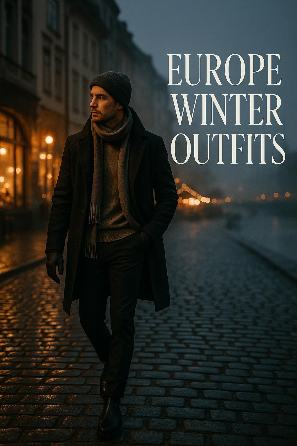 Stylish traveler walking cobbled street at blue hour showcasing Europe winter outfits