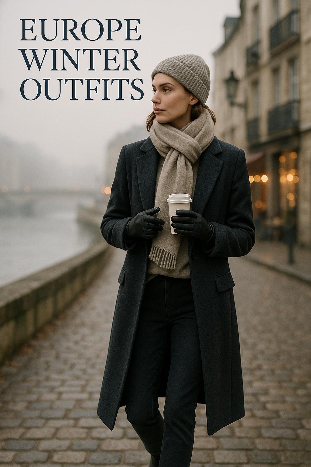 Chic Europe winter outfits on a cobbled street by a misty river at dusk
