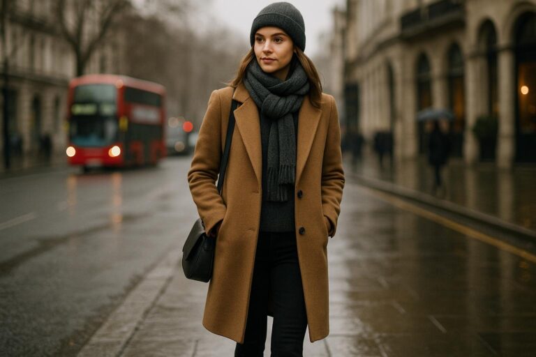Stylish woman in layered london winter outfits walking past a London street in the cold