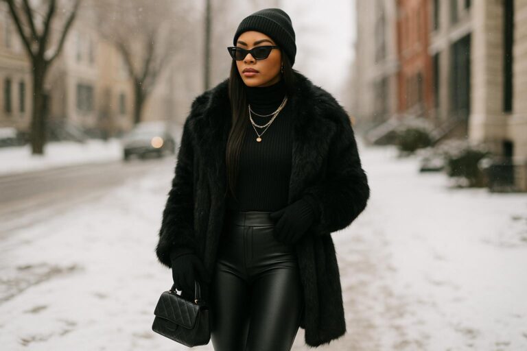 Stylish woman in layered winter baddie outfits with puffer coat, boots, and mini bag on a city street