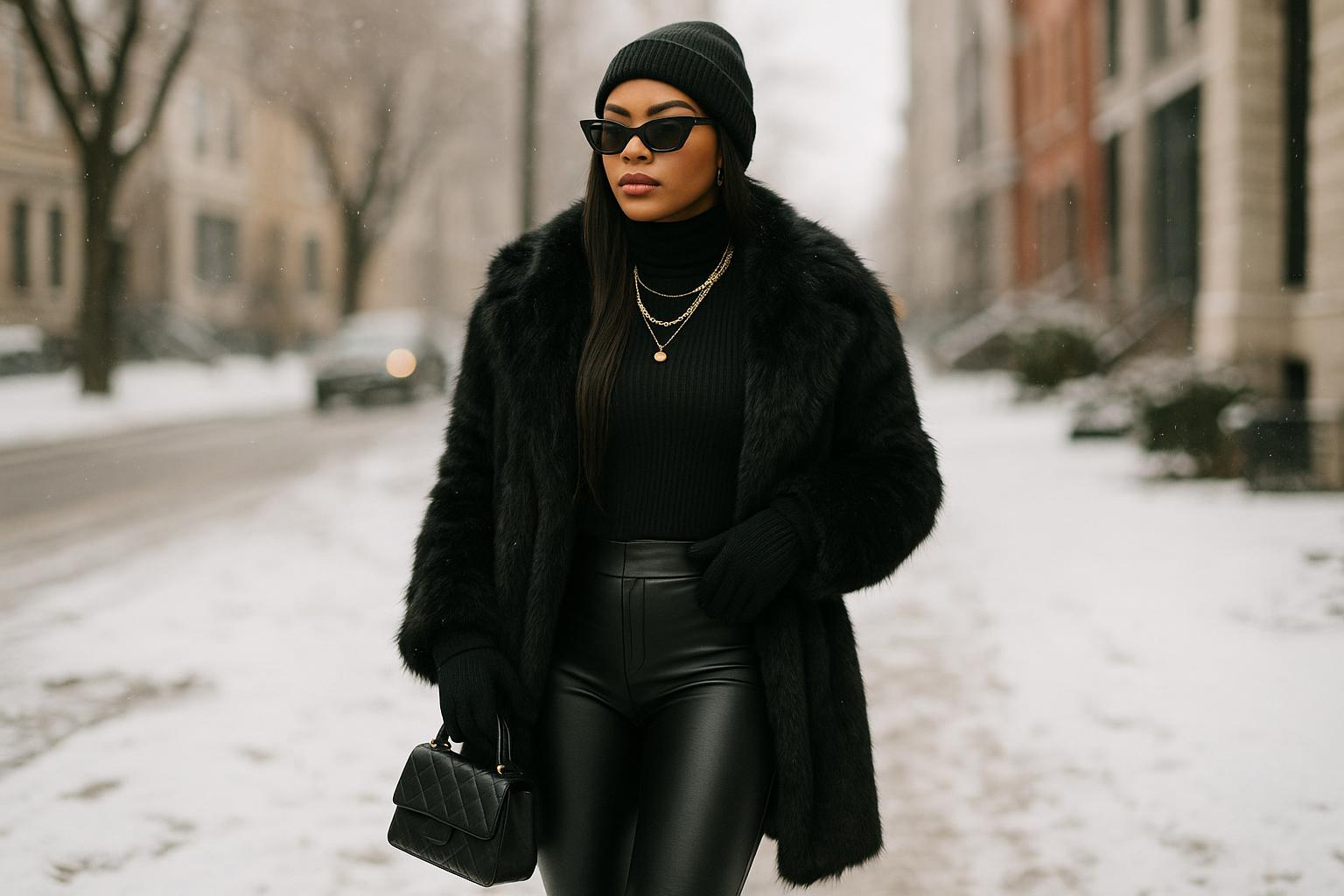 Stylish woman in layered winter baddie outfits with puffer coat, boots, and mini bag on a city street