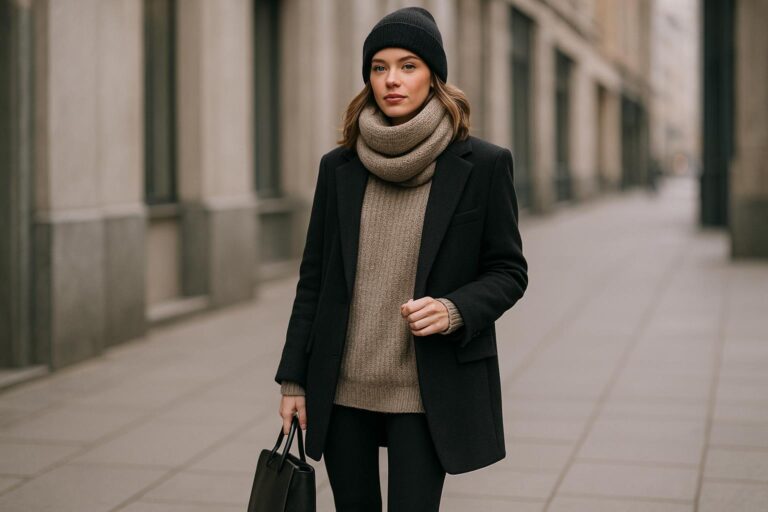 Chic leggings outfit winter look with oversized sweater and ankle boots on a snowy city street