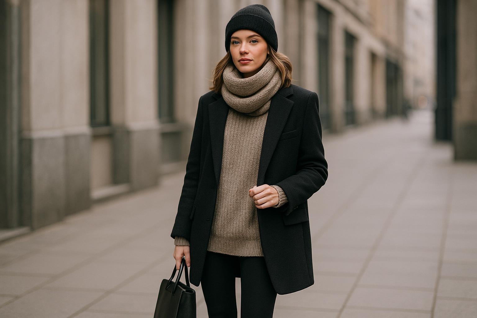 Chic leggings outfit winter look with oversized sweater and ankle boots on a snowy city street