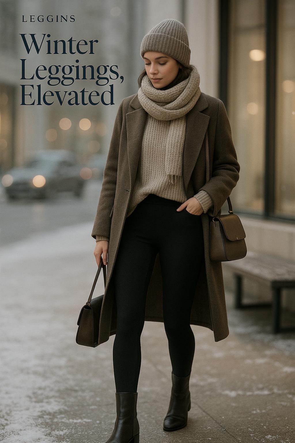 Chic minimalist leggings outfit winter look with camel coat on city sidewalk