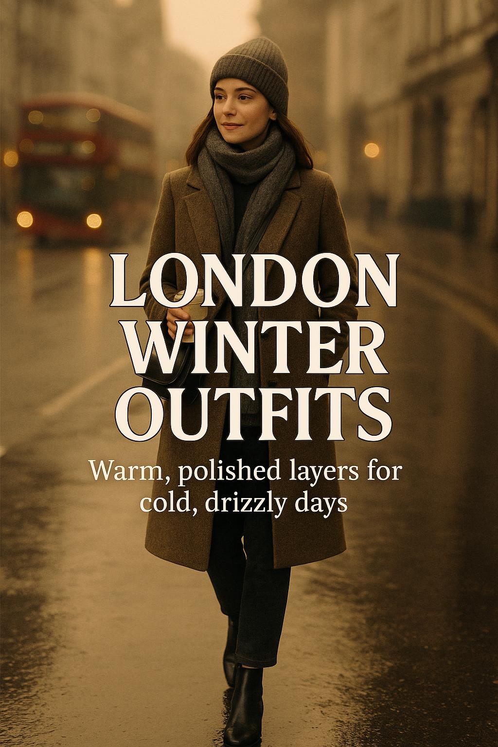 Stylish woman in London winter outfits walking a wet city street at golden hour