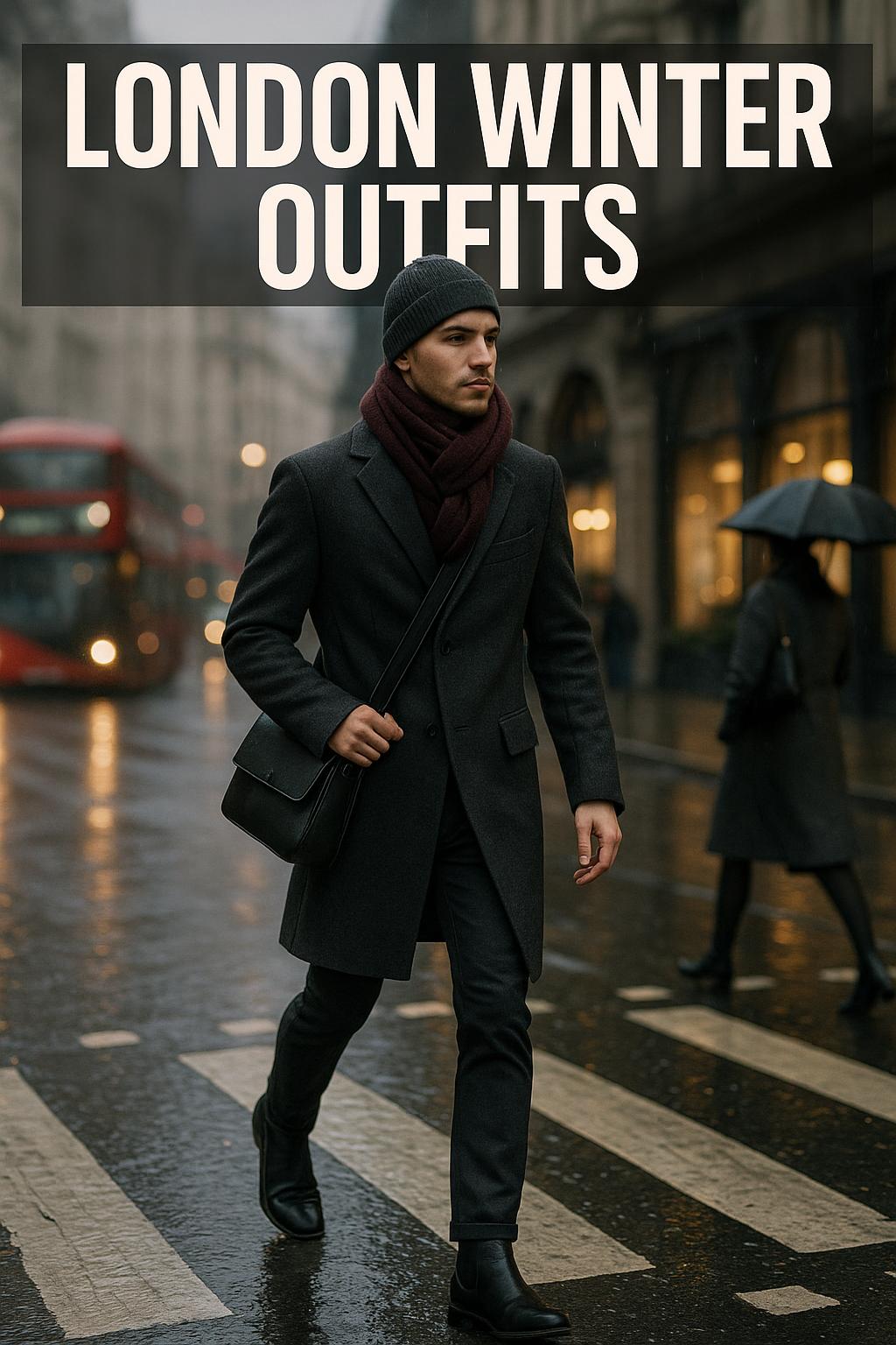 Stylish woman walking across Tower Bridge in chic London winter outfit