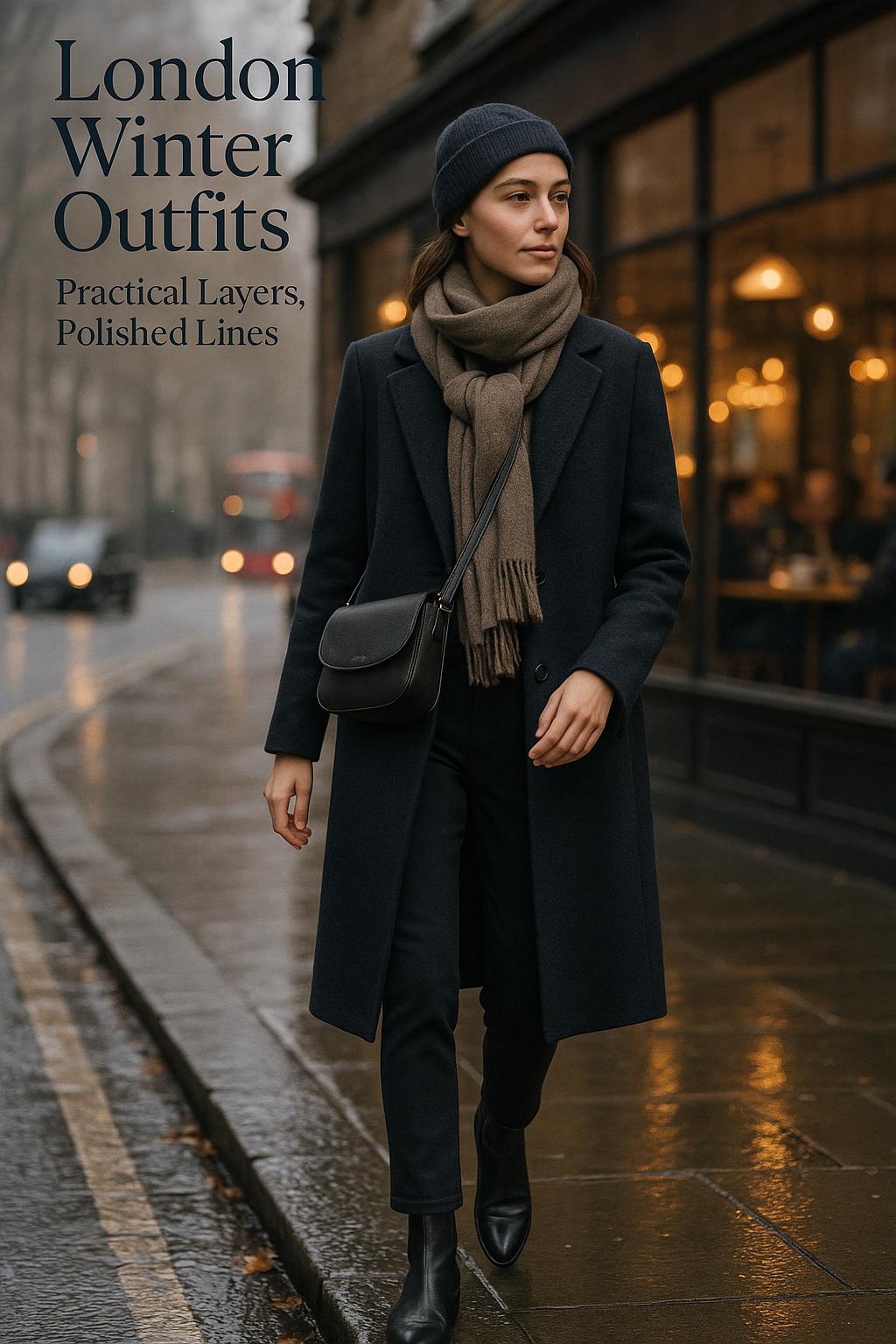 Stylish woman in tailored coat walking in London drizzle showcasing chic London winter outfits