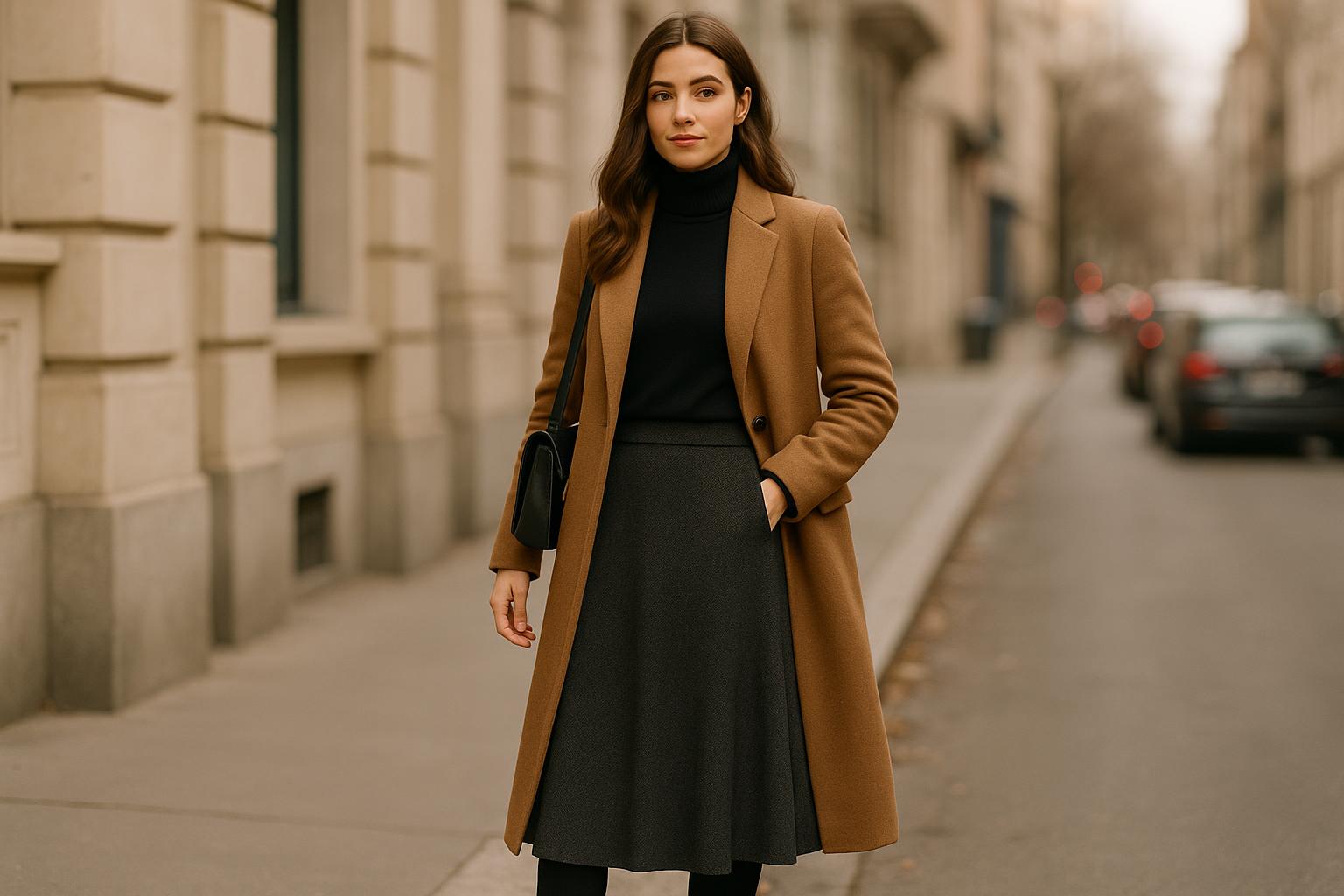 woman walking in the city wearing chic long skirt outfits for winter with boots and wool coat