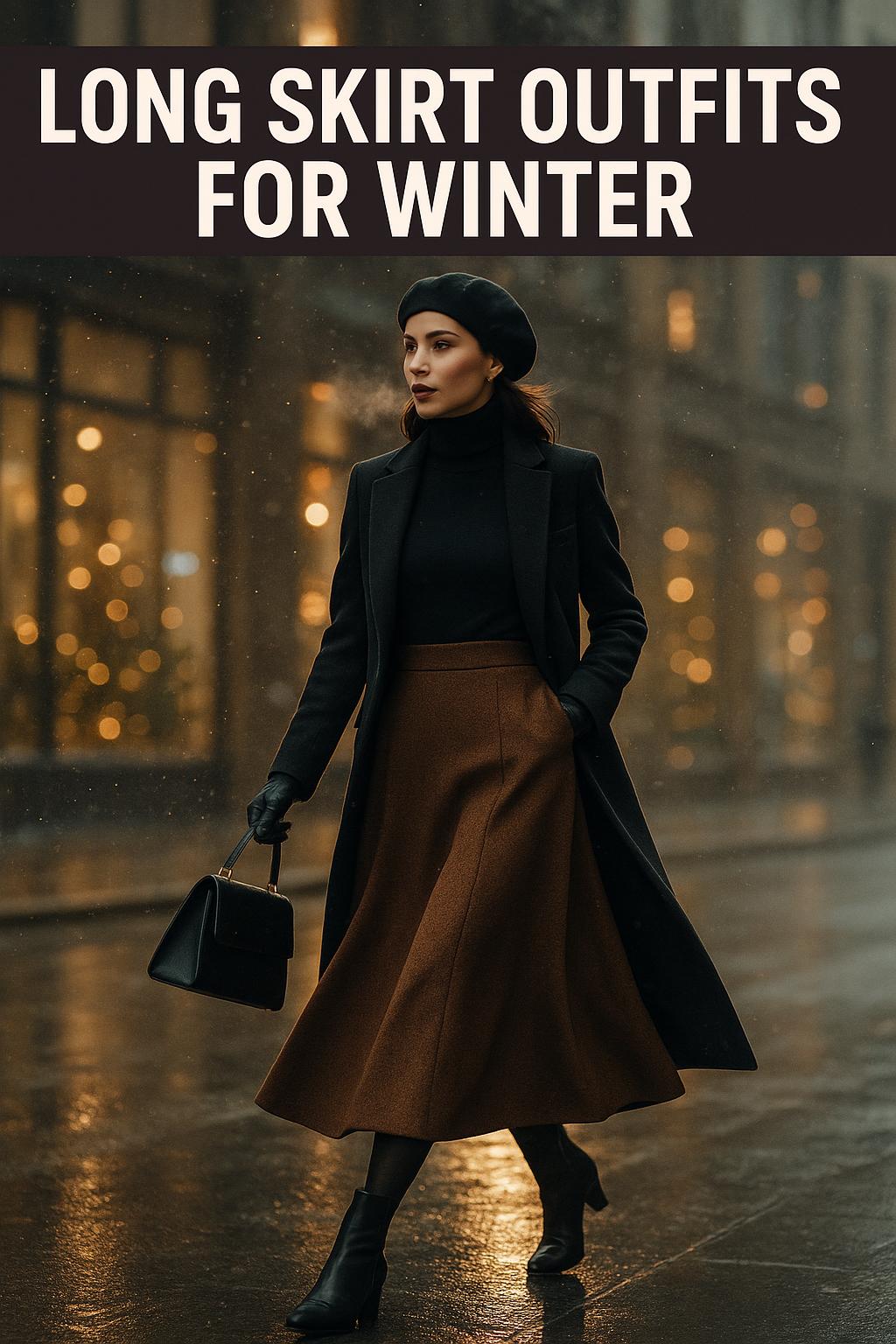 chic long skirt outfits for winter with cozy sweater and boots on city street