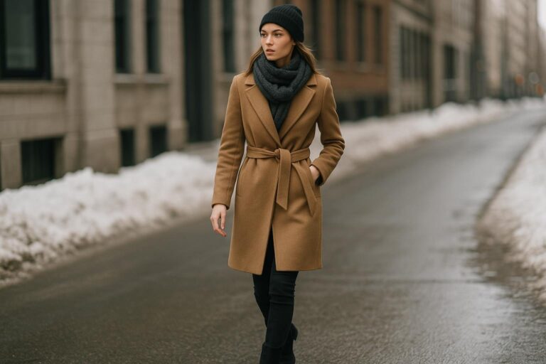 Woman walking in city street wearing chic winter boots outfits with long coat and jeans