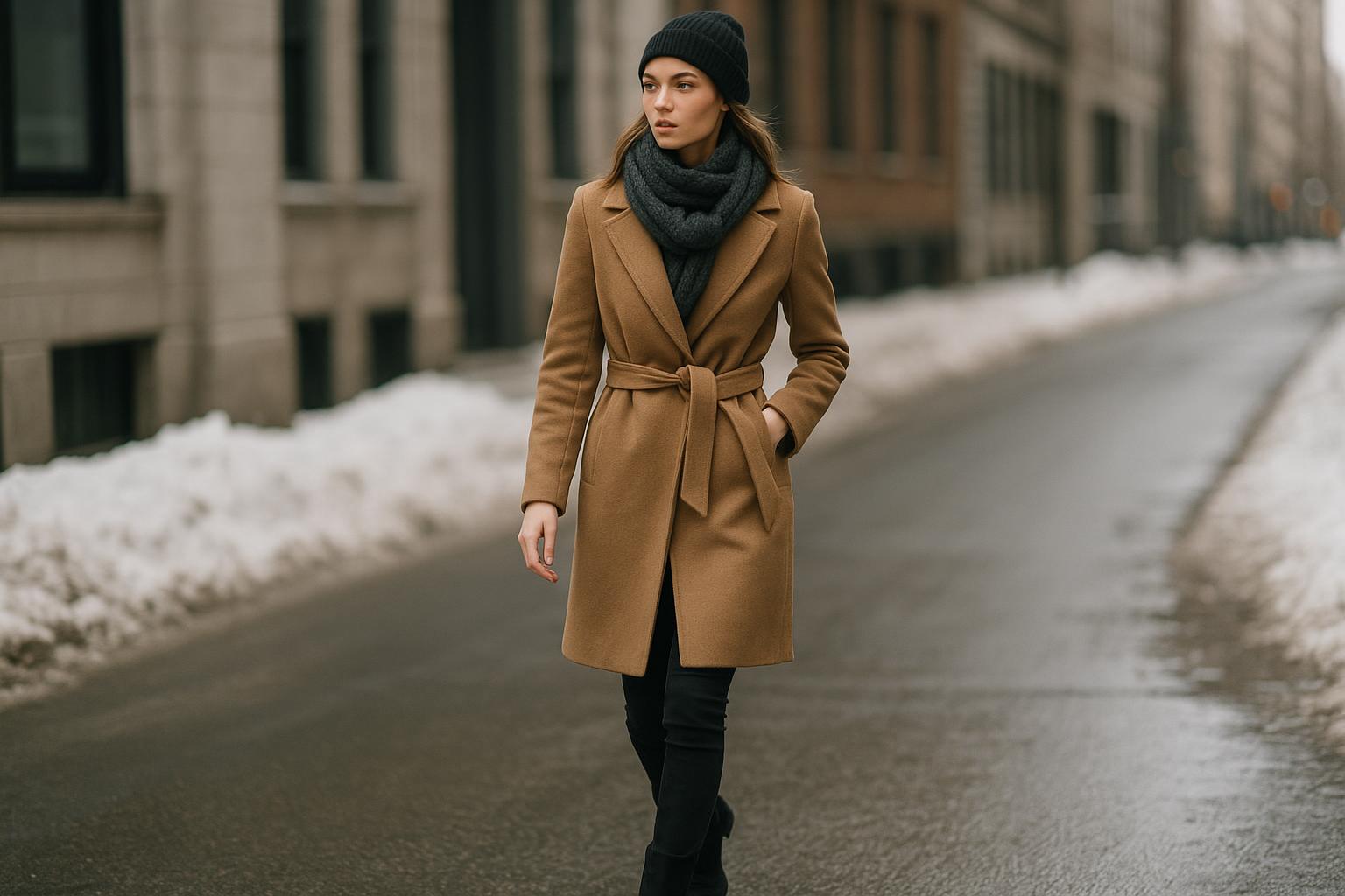 Woman walking in city street wearing chic winter boots outfits with long coat and jeans