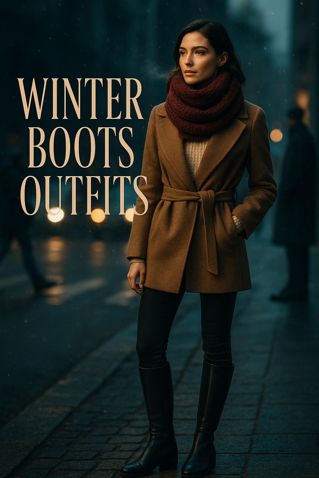Stylish woman in winter boots outfits on a moody city street at dusk