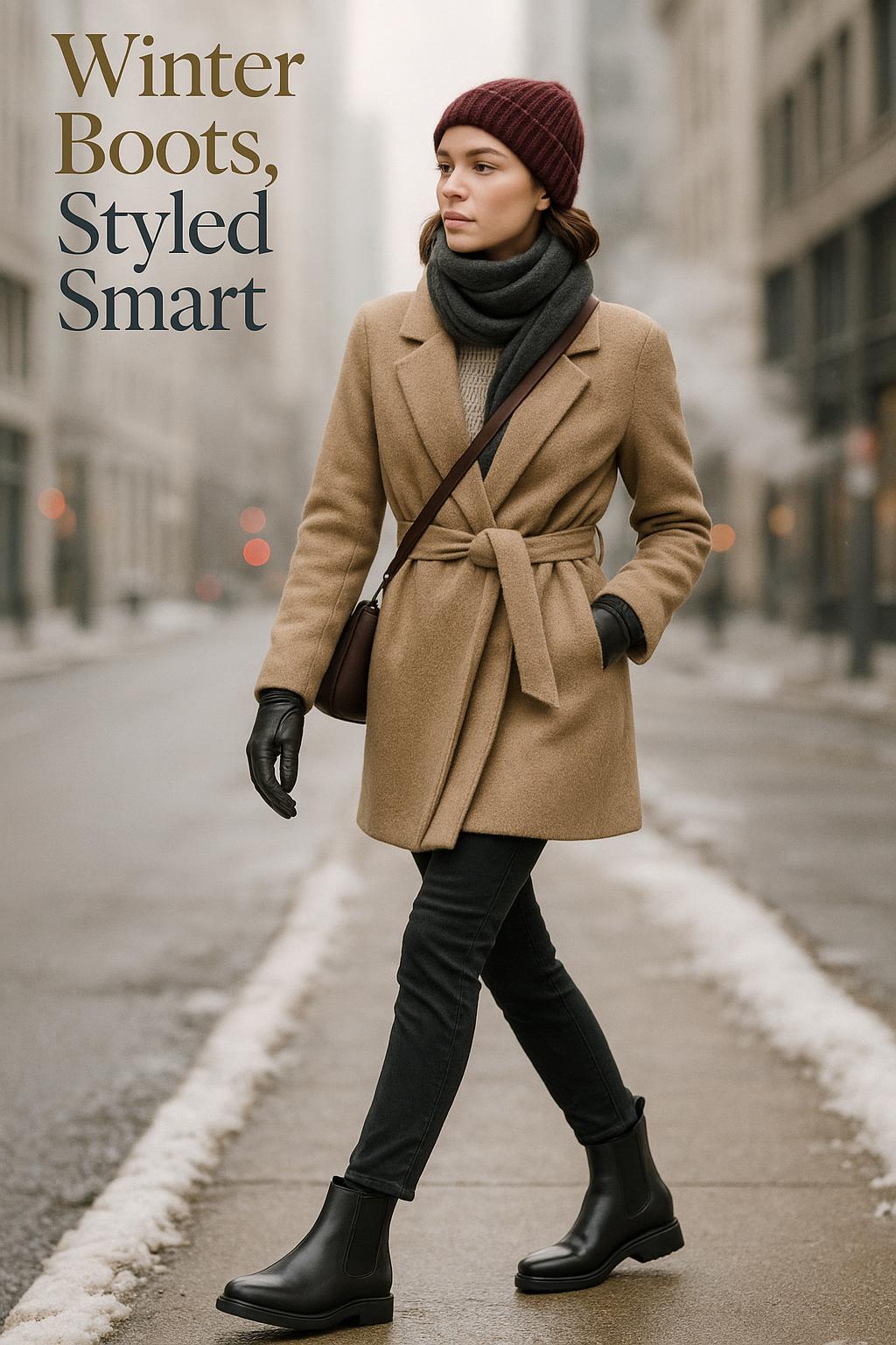 Chic winter boots outfits on a stylish woman walking a snowy city street