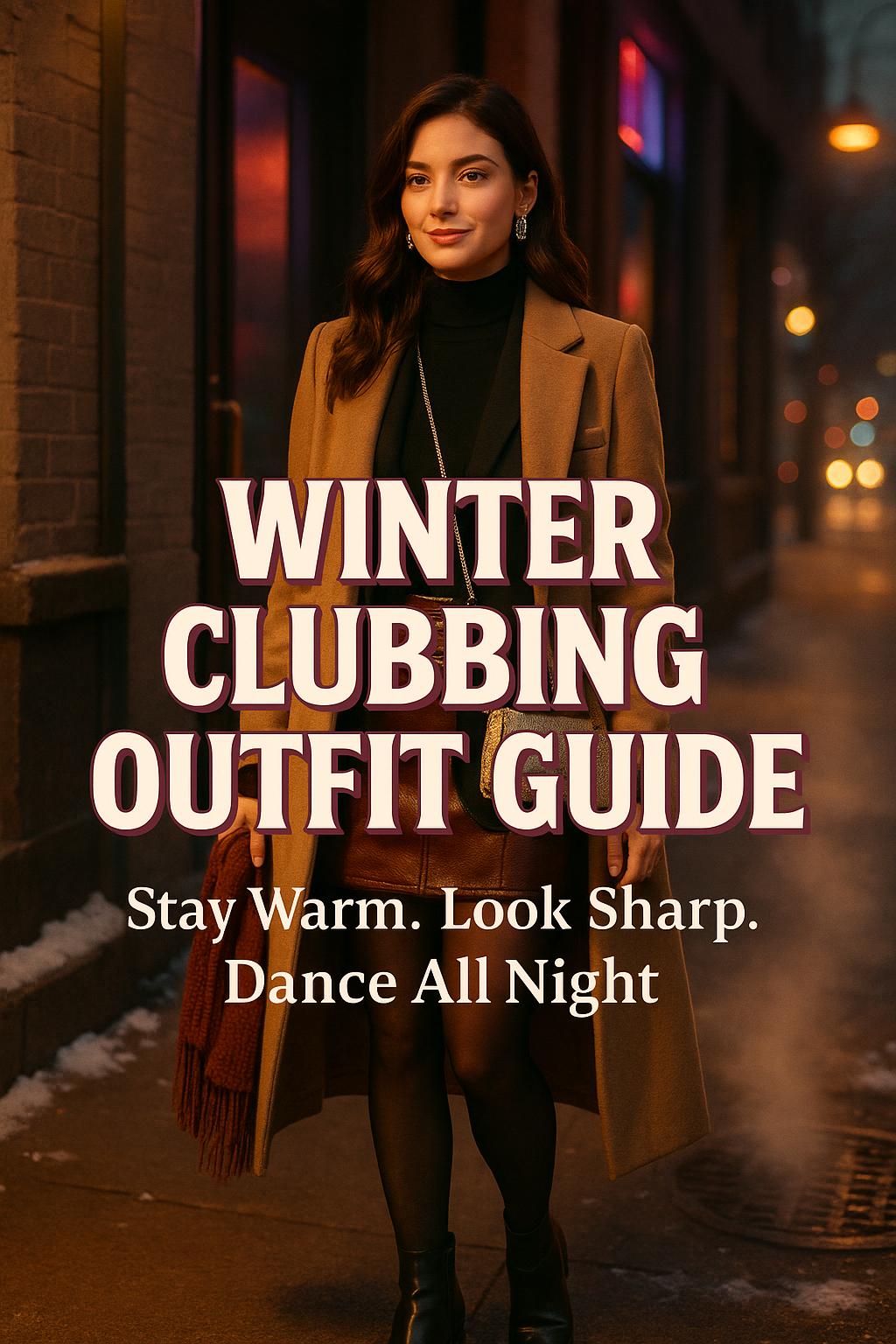 Stylish winter clubbing outfit with layered coat and burgundy mini skirt on a cozy city sidewalk