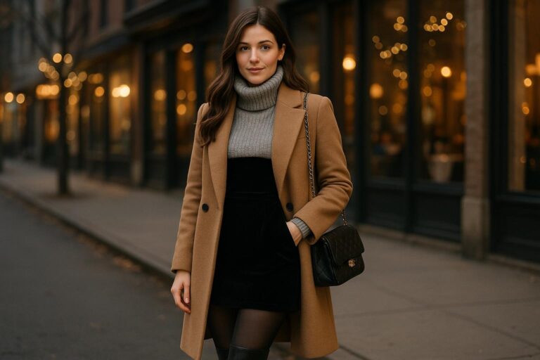 Stylish woman in a chic winter date night outfit with wool coat and boots on a city street