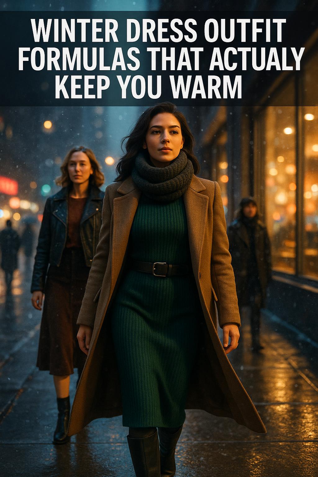 woman in stylish winter dress outfit walking through snowy city street