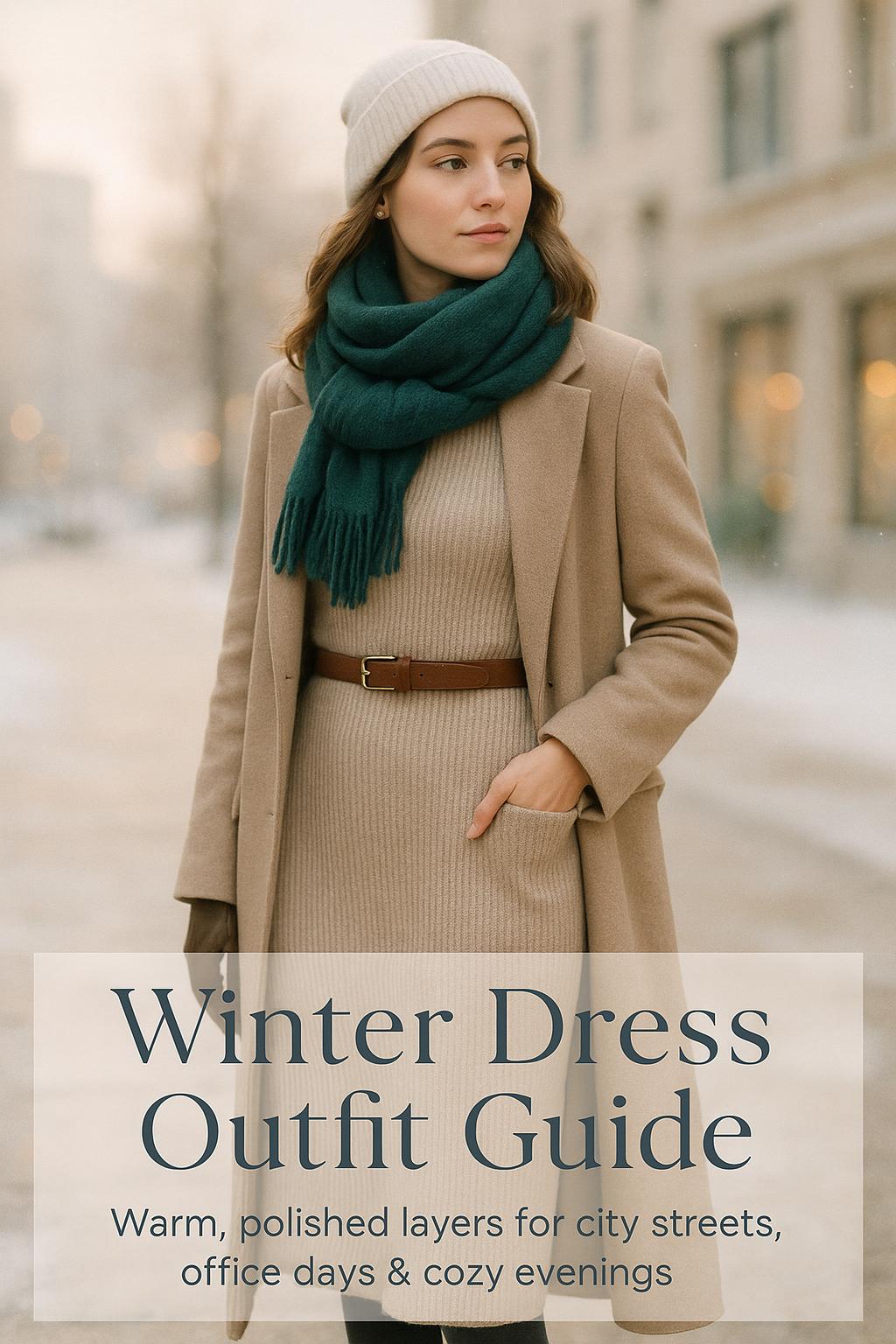 chic winter dress outfit on stylish woman in camel coat on snowy city street