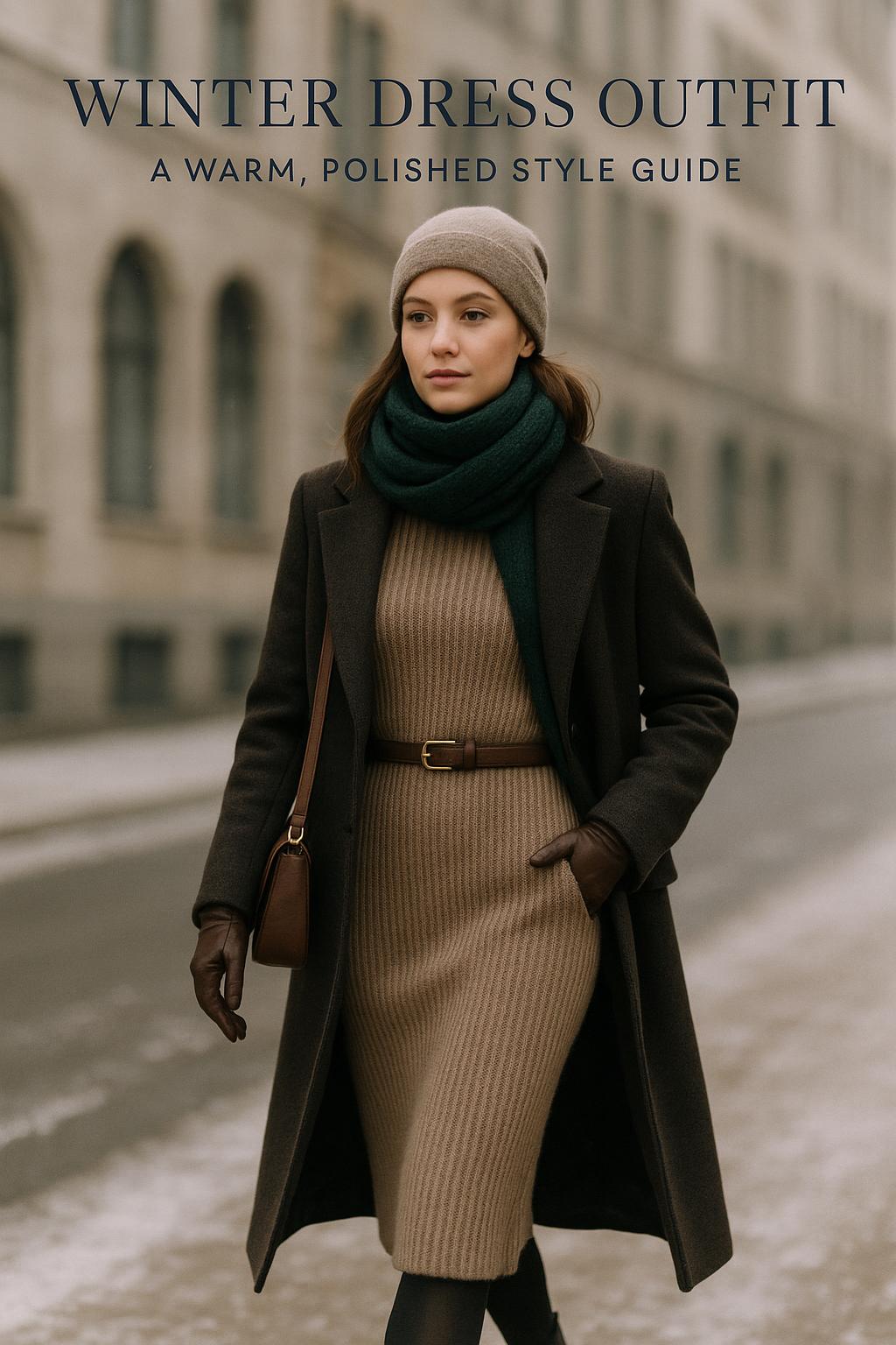 Chic winter dress outfit on a stylish woman walking down a cold urban city street