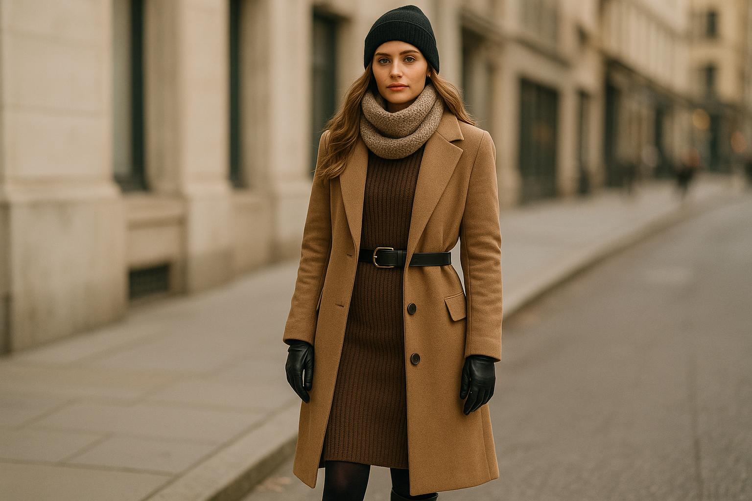 Woman in a chic winter dress outfit with wool coat, scarf, and knee-high boots on a city street