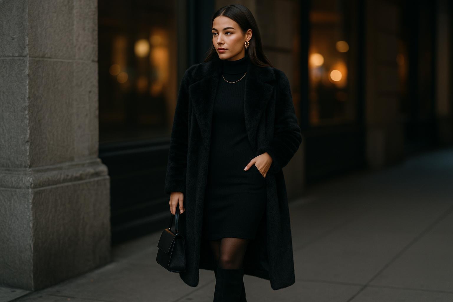 Woman in a chic winter going out outfit walking through a city street at night