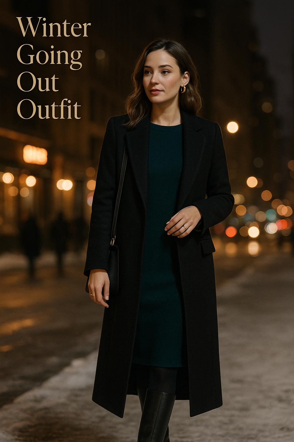 Chic winter going out outfit with black coat and jewel-tone dress on icy city sidewalk at night