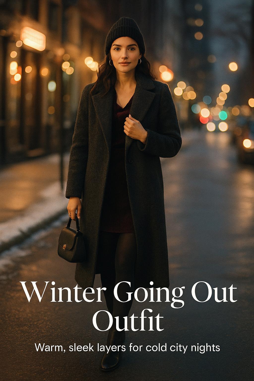Chic woman in a winter going out outfit on a softly lit city sidewalk at night