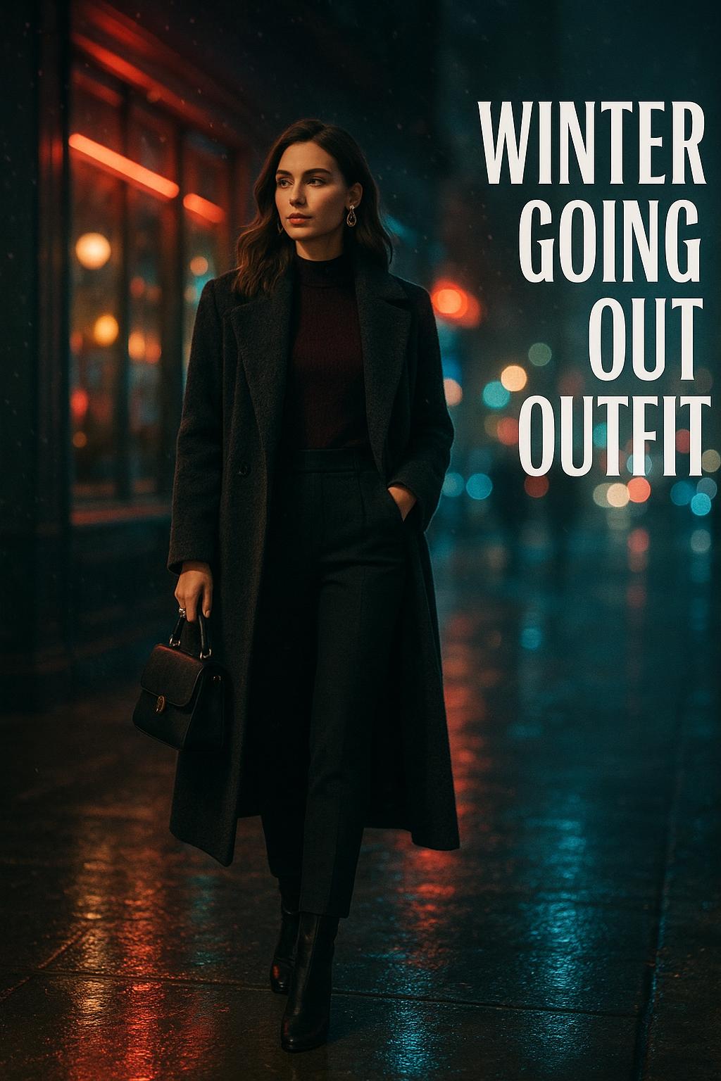 chic woman in winter going out outfit on icy urban night street