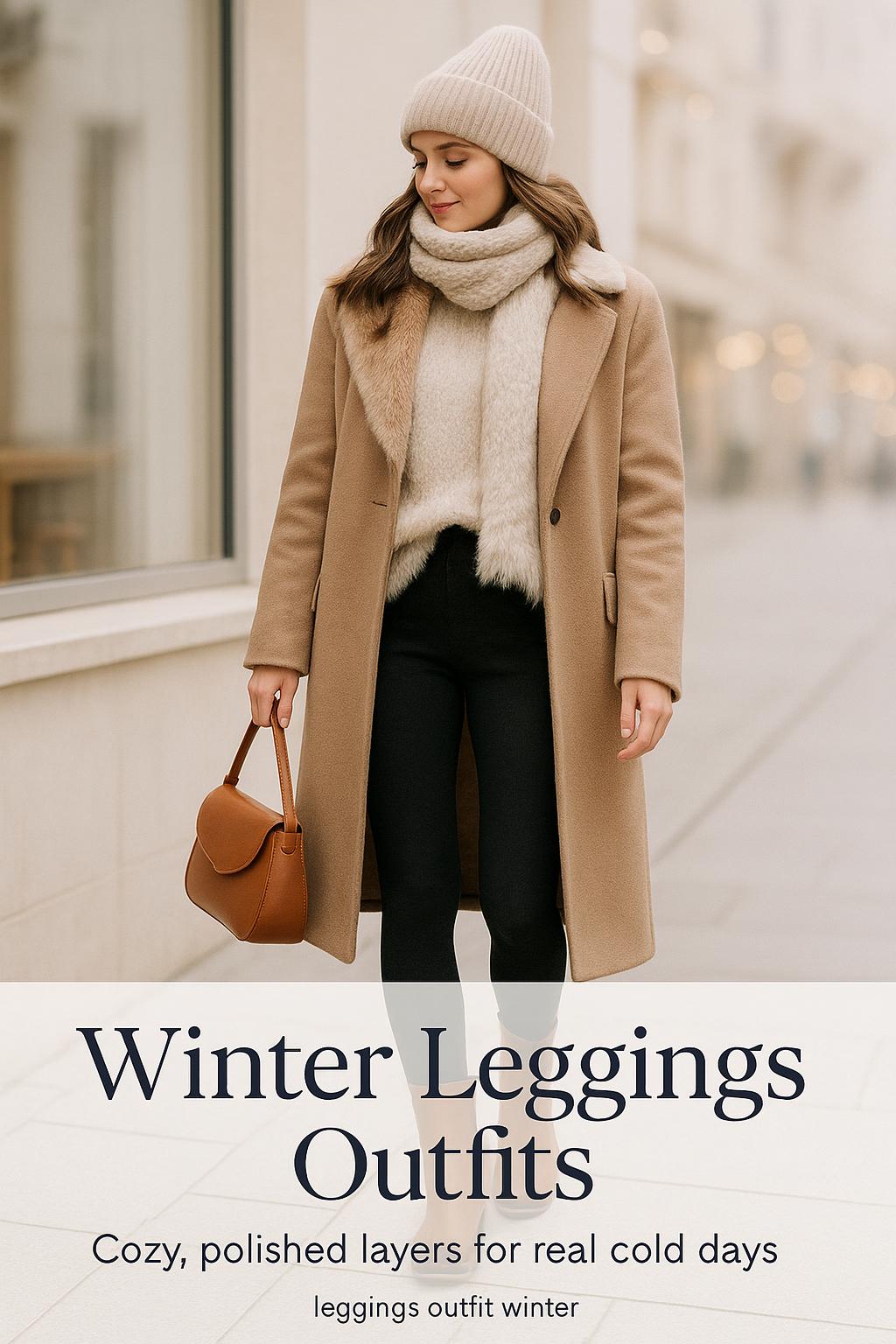 Stylish woman in winter leggings outfit standing by a city café window