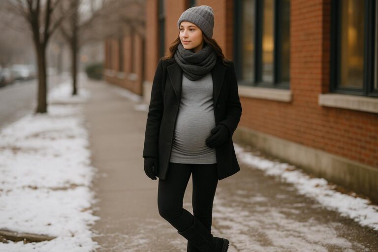 Pregnant woman in cozy layered winter maternity outfits walking through a snowy city street