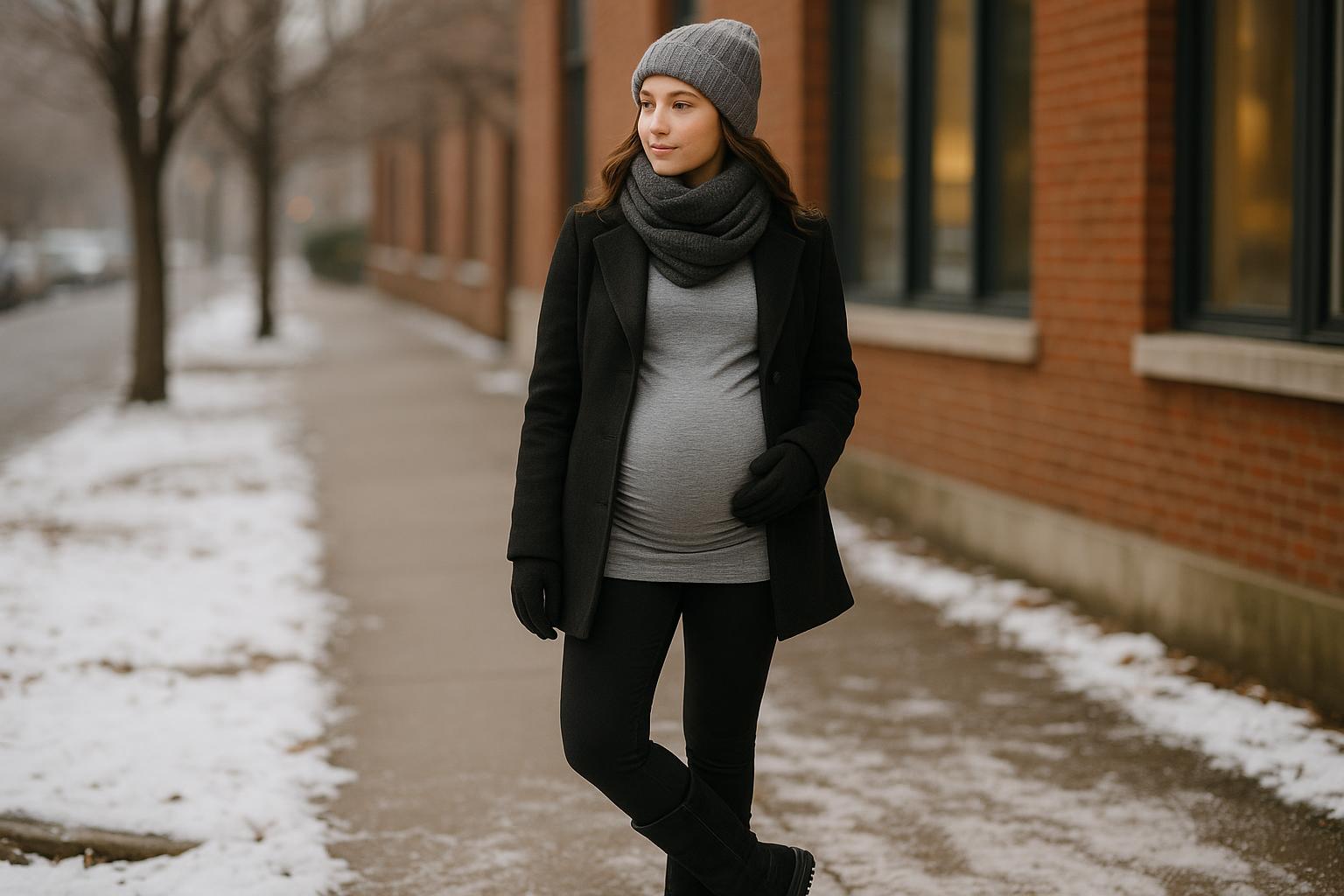 Pregnant woman in cozy layered winter maternity outfits walking through a snowy city street
