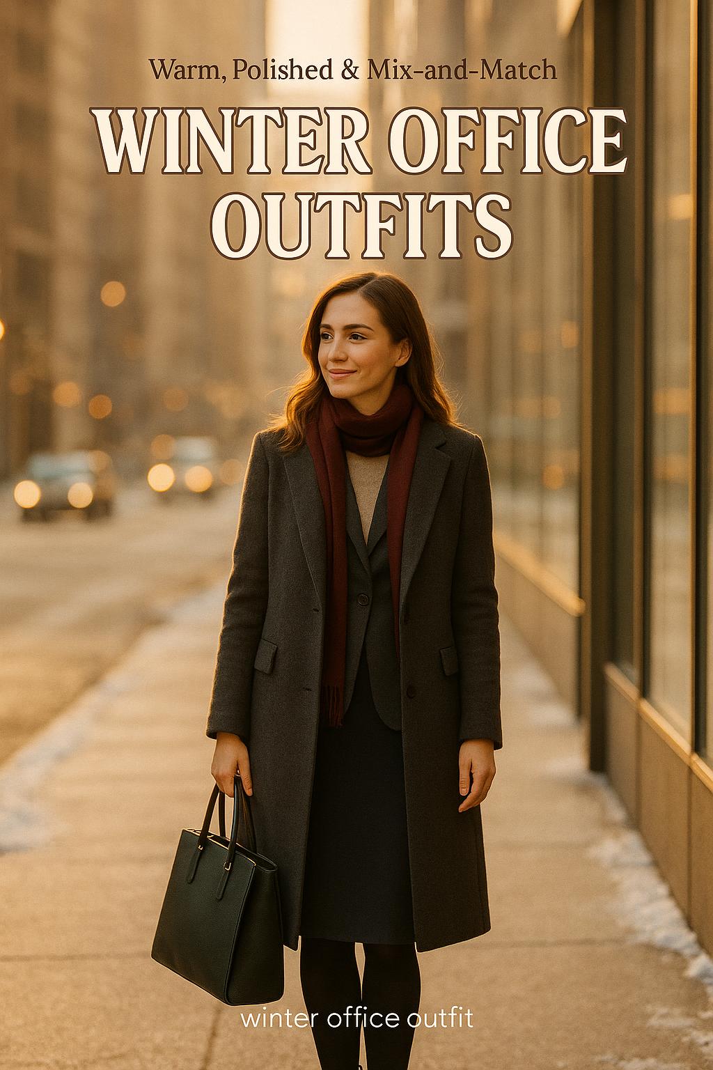 Confident woman in winter office outfit standing on a city sidewalk at golden hour