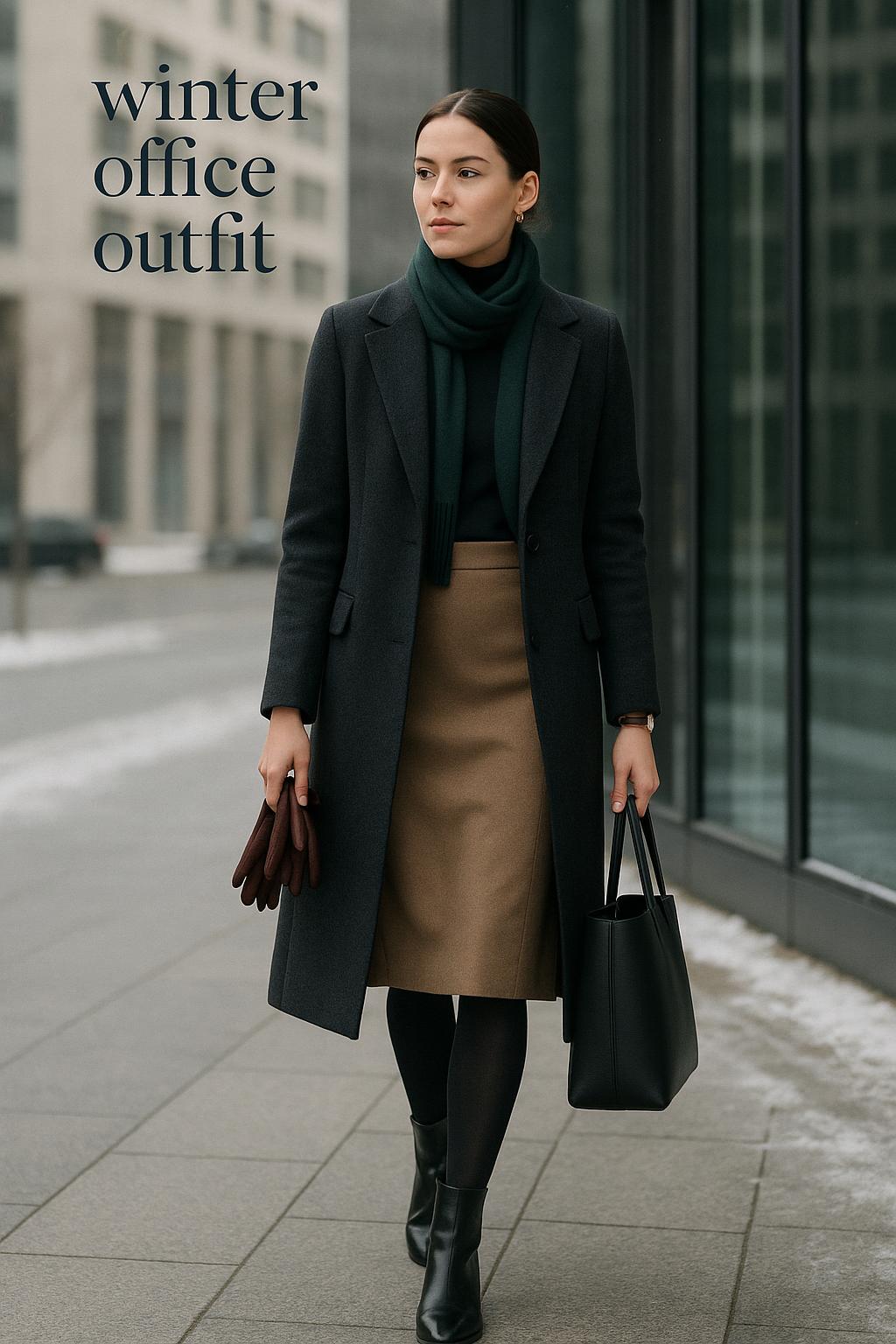 Stylish winter office outfit with charcoal coat and camel skirt on city sidewalk