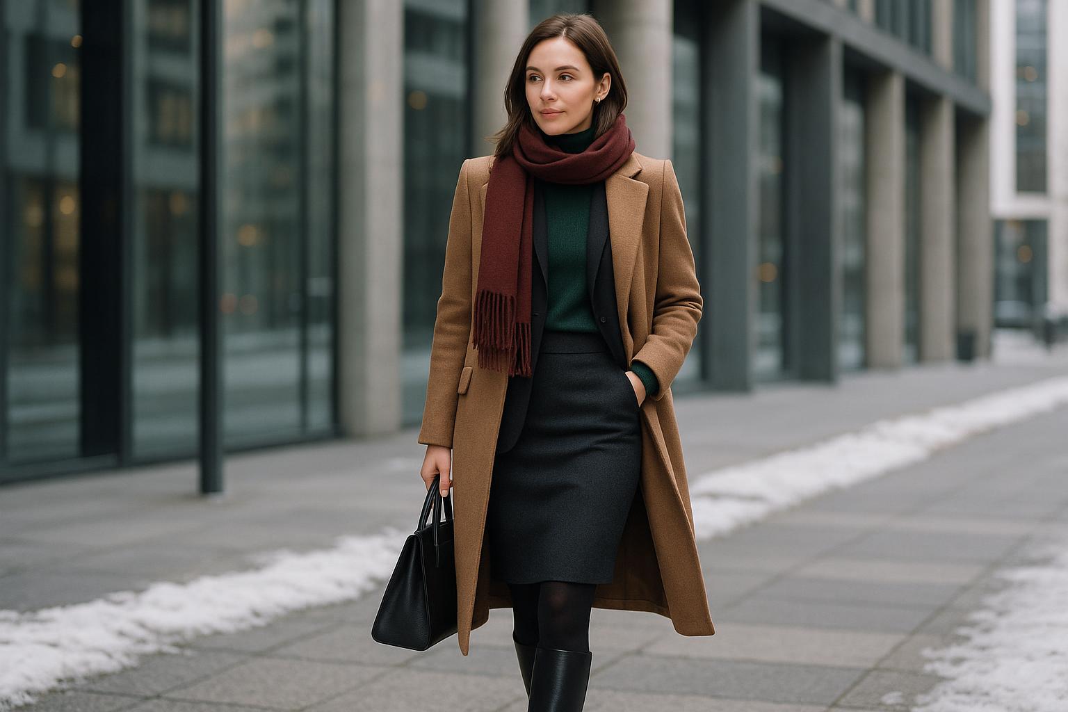 Woman in a chic winter office outfit wearing a wool coat and boots in a modern city workplace