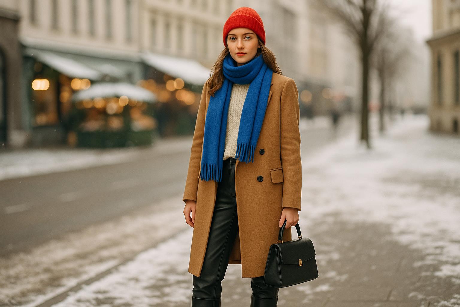chic winter outfit inspo with long wool coat, jeans, and ankle boots on a snowy city street