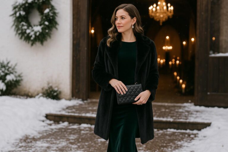 Elegant winter wedding guest outfit with velvet midi dress, wool coat and closed-toe heels