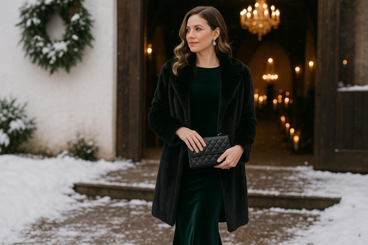 Elegant winter wedding guest outfit with velvet midi dress, wool coat and closed-toe heels