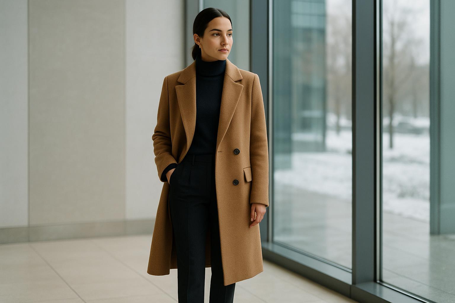 Woman in tailored wool coat and trousers showcasing chic winter work outfits on a city sidewalk