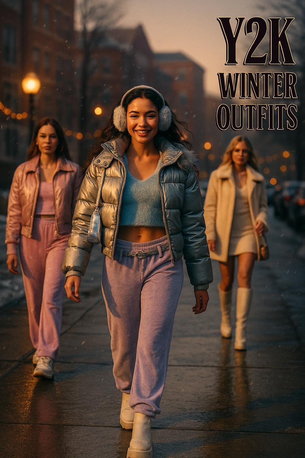 Cinematic campus street photo of y2k winter outfits in soft falling snow at golden hour