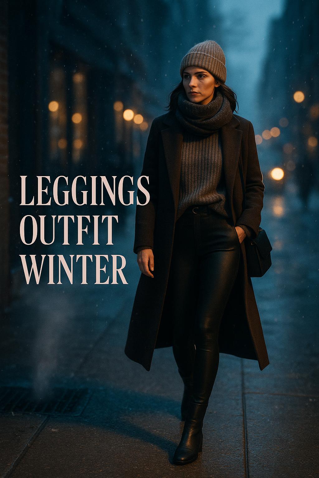 Cinematic urban winter street style with leggings outfit winter look at blue hour