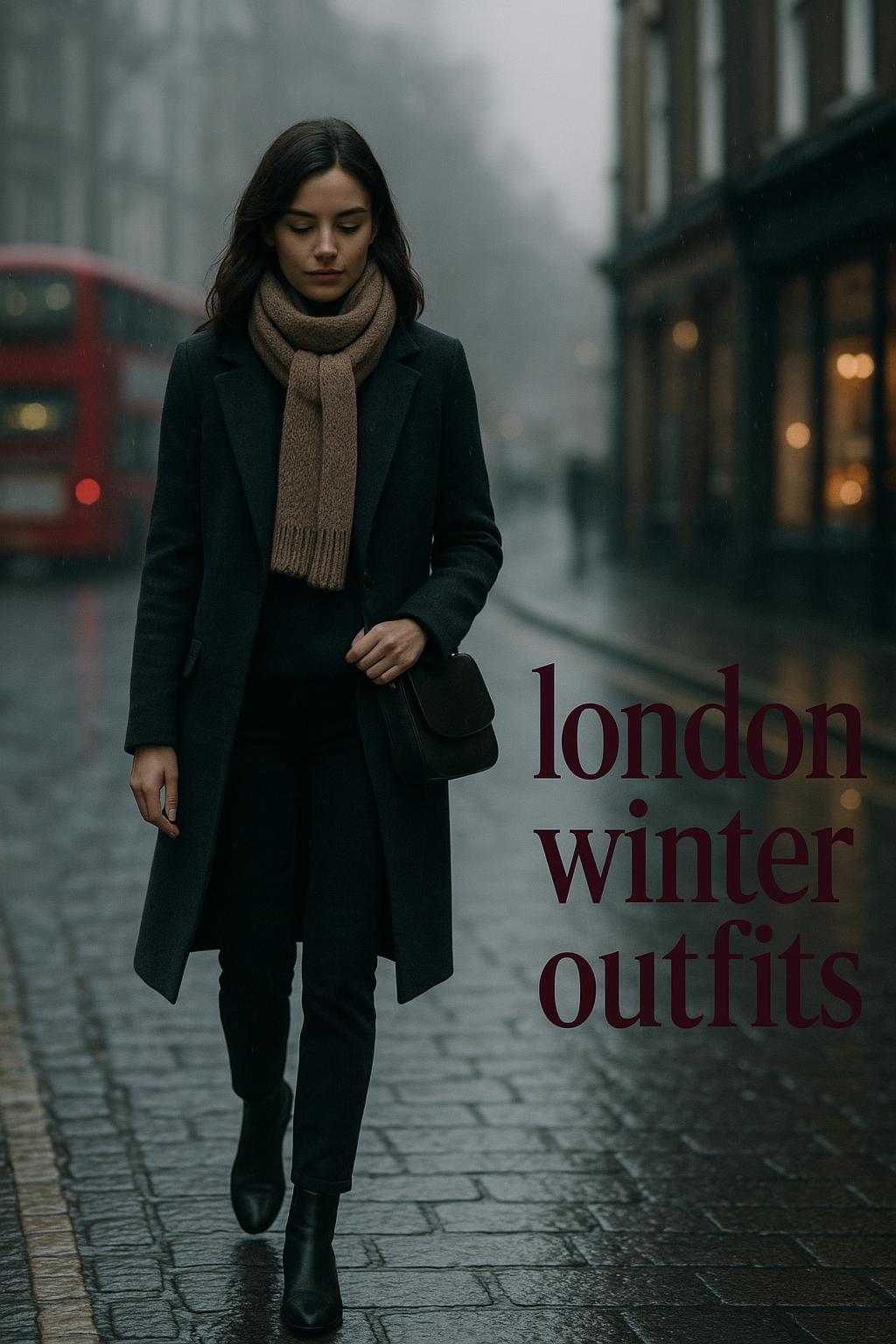 Stylish woman walking in rainy London street showcasing london winter outfits