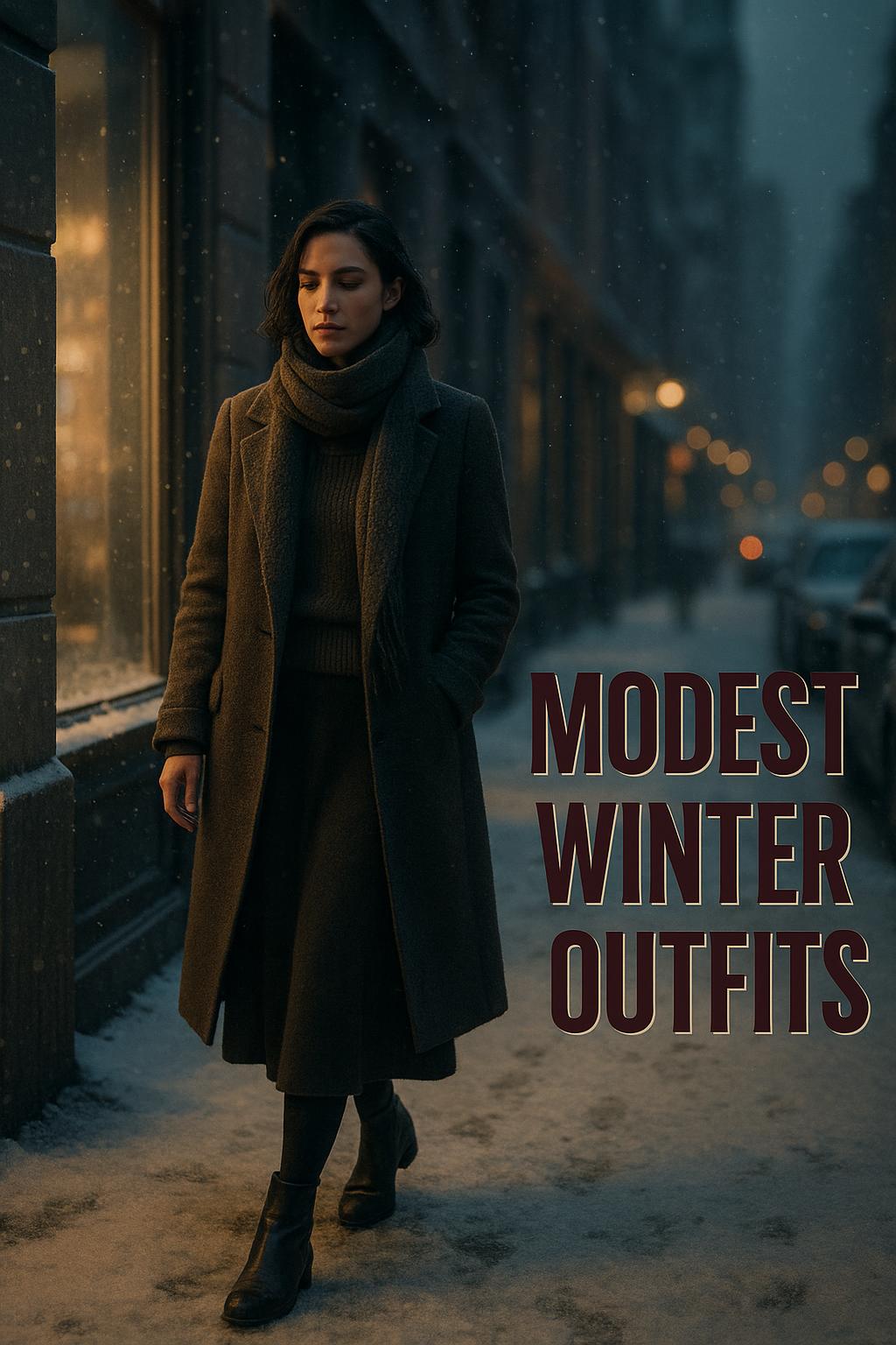 Stylish woman walking in snowy city at dusk showcasing modest winter outfits